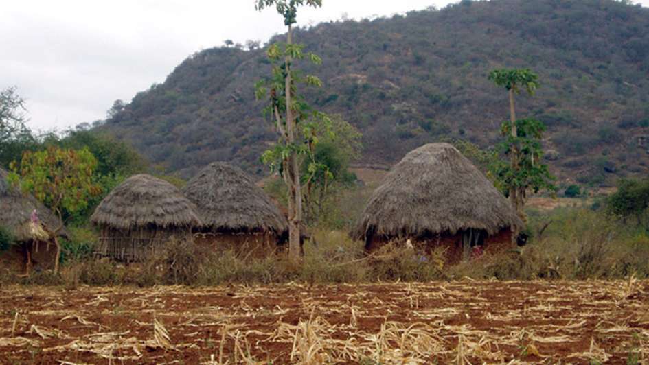 Ein dürregeplagtes Feld mit Hütten im Hintergrund