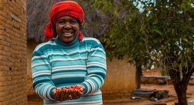 Frau aus Simbabwe präsentiert ihre geernteten Chilis