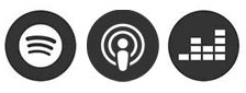 Schwarzweiße Logos von Spotify, Apple Podcasts und Deezer
